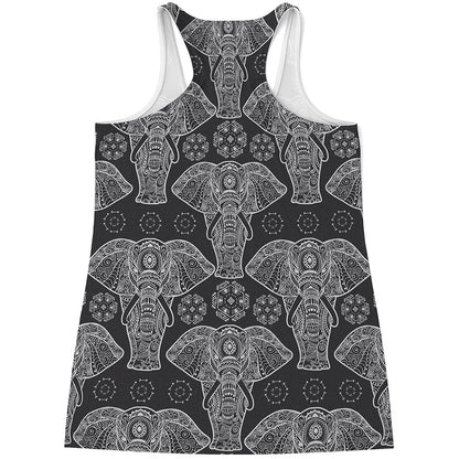 Black And White Boho Elephant Print Women's Racerback Tank Top