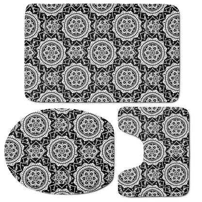 Black And White Boho Mandala Print 3 Piece Bath Mat Set
