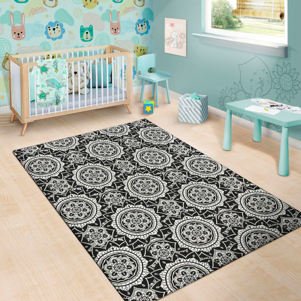 Black And White Boho Mandala Print Area Rug