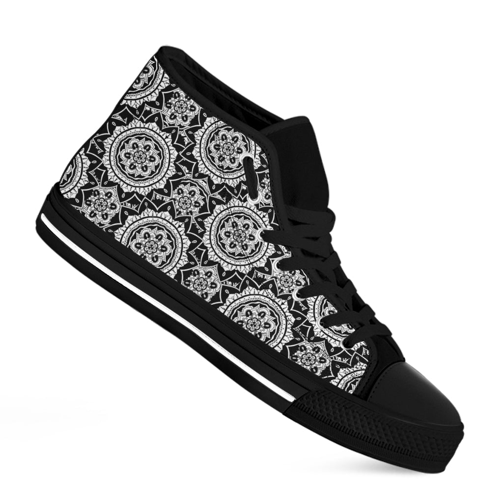 Black And White Boho Mandala Print Black High Top Shoes