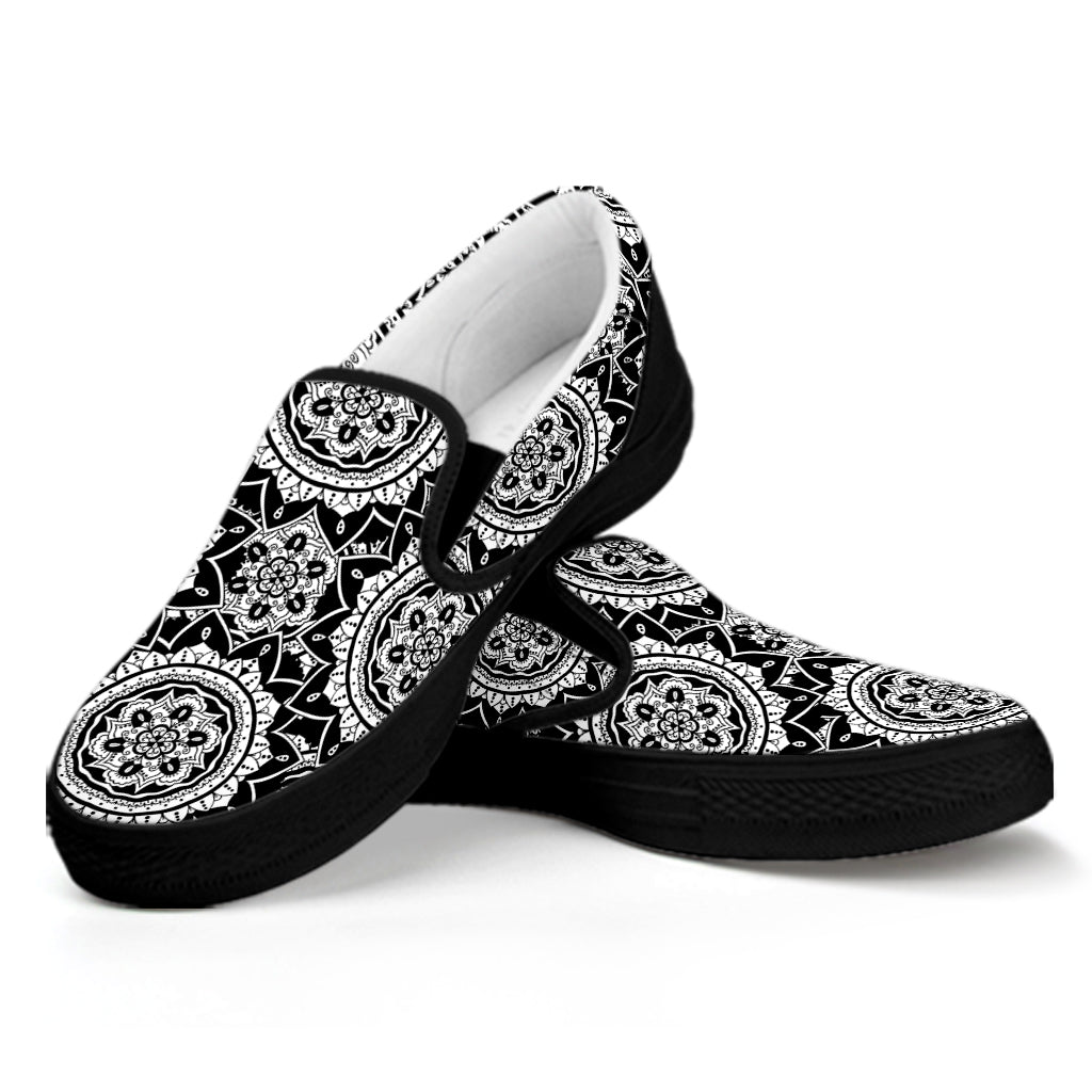 Black And White Boho Mandala Print Black Slip On Shoes