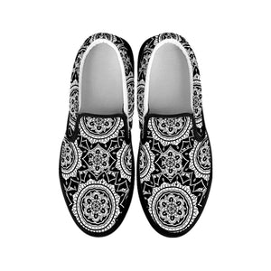 Black And White Boho Mandala Print Black Slip On Shoes