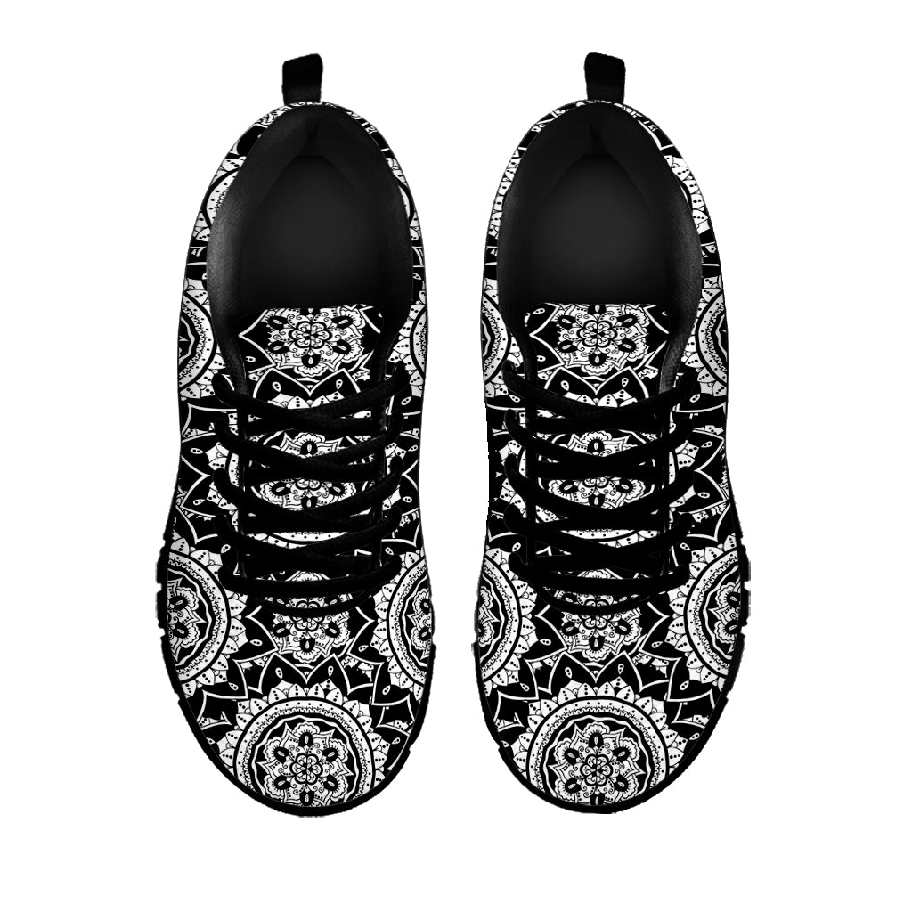 Black And White Boho Mandala Print Black Sneakers