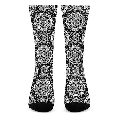 Black And White Boho Mandala Print Crew Socks