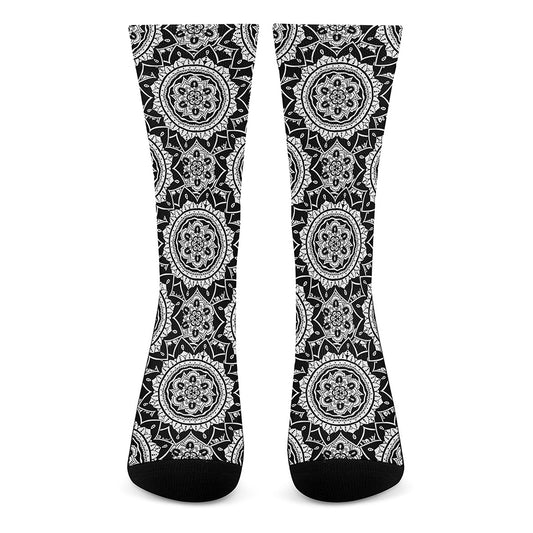 Black And White Boho Mandala Print Crew Socks