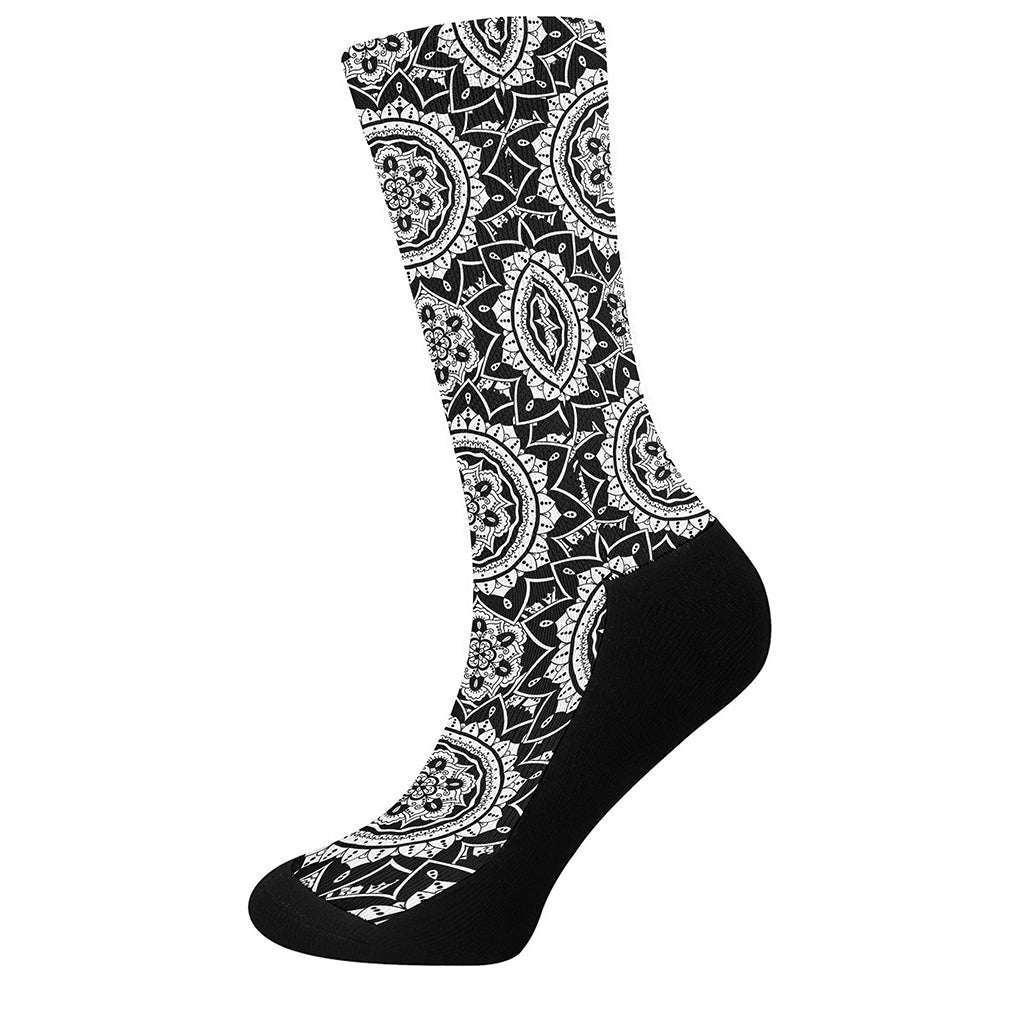 Black And White Boho Mandala Print Crew Socks