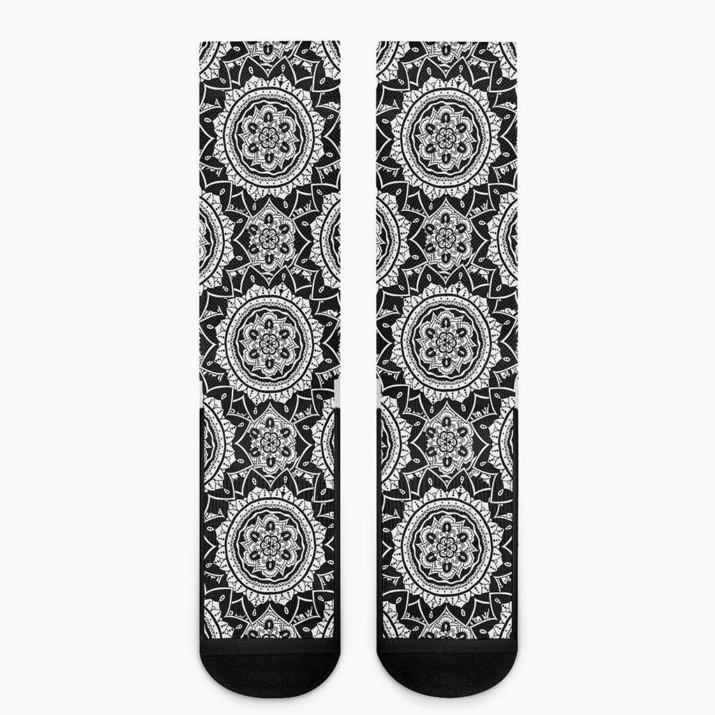 Black And White Boho Mandala Print Crew Socks