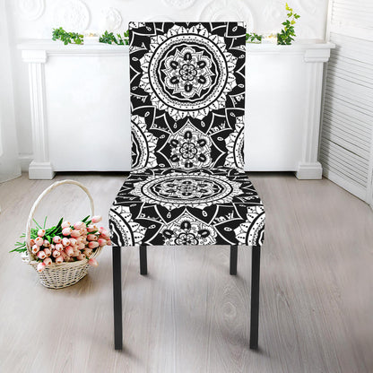 Black And White Boho Mandala Print Dining Chair Slipcover