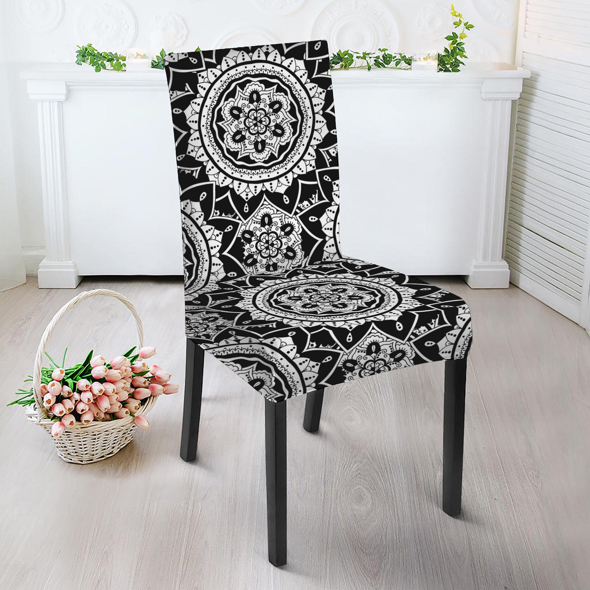 Black And White Boho Mandala Print Dining Chair Slipcover