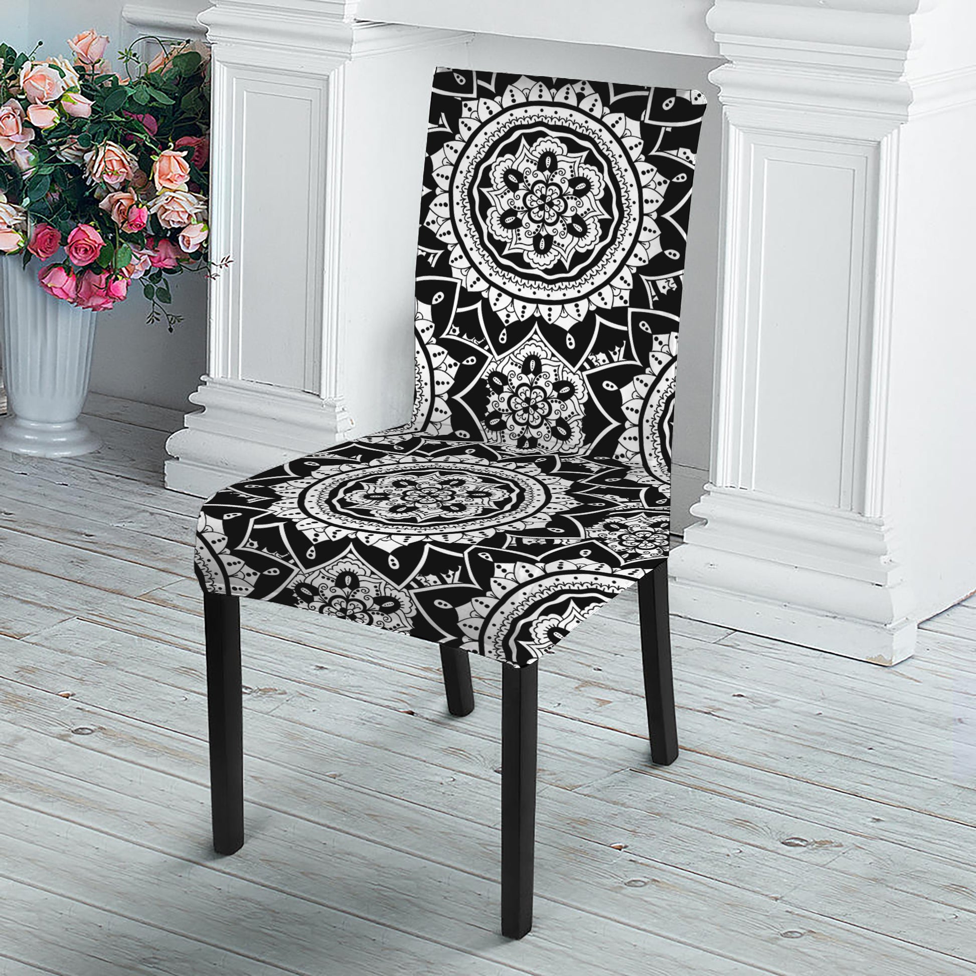 Black And White Boho Mandala Print Dining Chair Slipcover