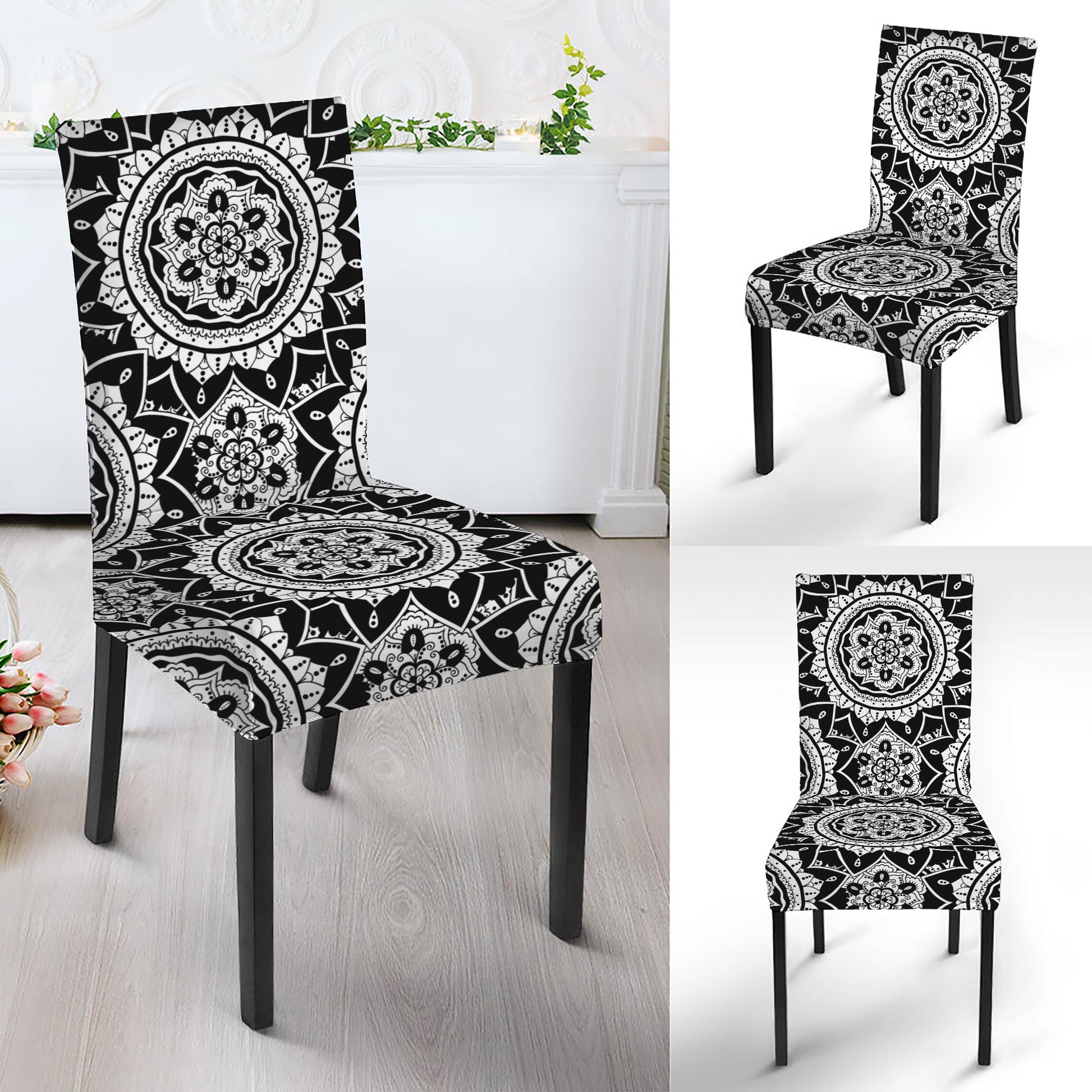 Black And White Boho Mandala Print Dining Chair Slipcover