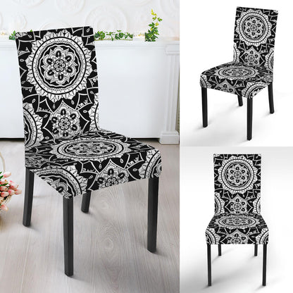 Black And White Boho Mandala Print Dining Chair Slipcover