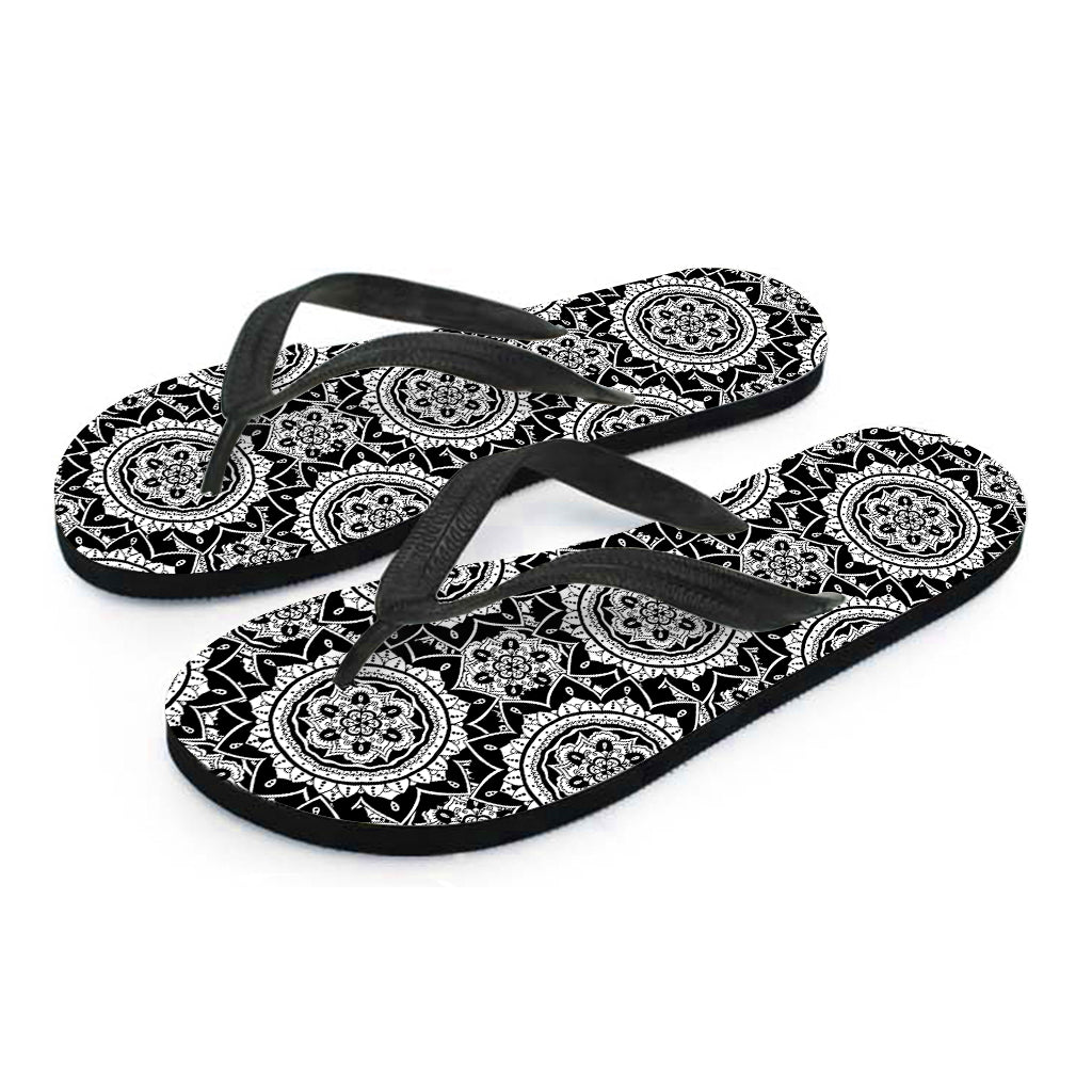 Black And White Boho Mandala Print Flip Flops