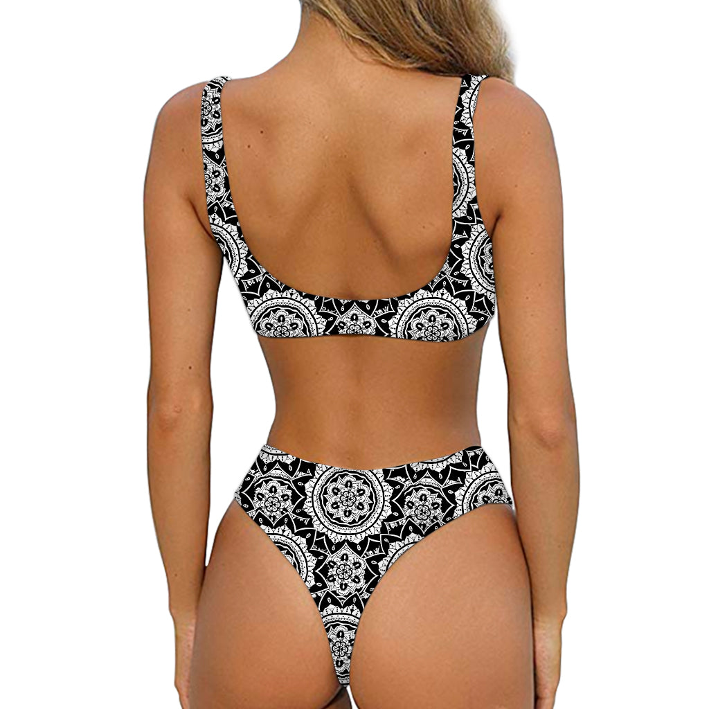 Black And White Boho Mandala Print Front Bow Tie Bikini