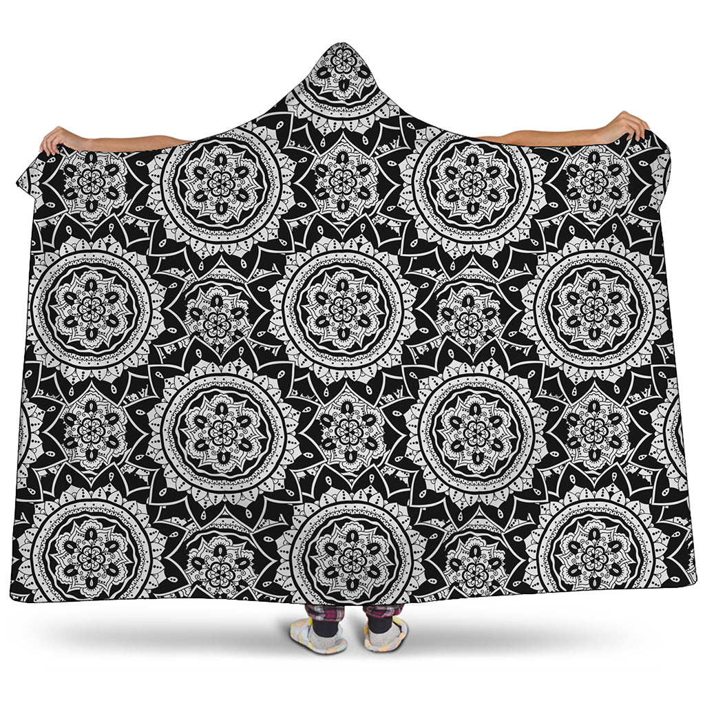 Black And White Boho Mandala Print Hooded Blanket