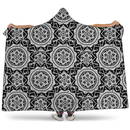 Black And White Boho Mandala Print Hooded Blanket