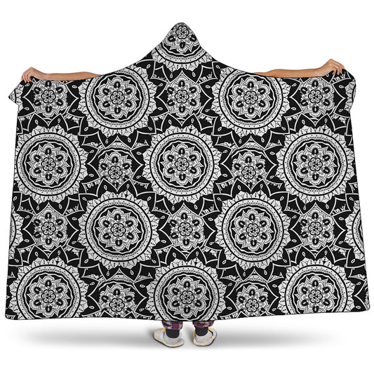 Black And White Boho Mandala Print Hooded Blanket