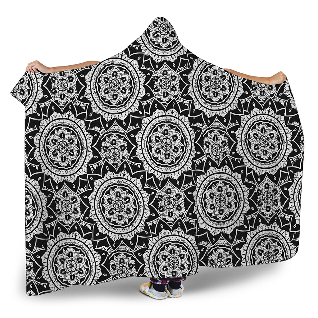 Black And White Boho Mandala Print Hooded Blanket