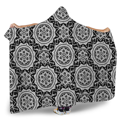 Black And White Boho Mandala Print Hooded Blanket