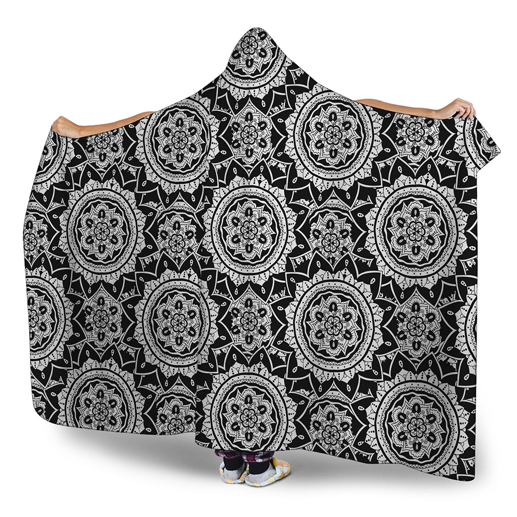 Black And White Boho Mandala Print Hooded Blanket
