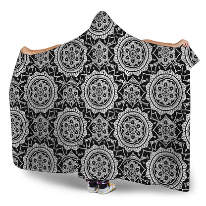 Black And White Boho Mandala Print Hooded Blanket