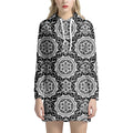 Black And White Boho Mandala Print Pullover Hoodie Dress