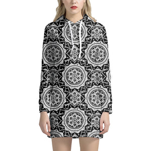 Black And White Boho Mandala Print Hoodie Dress