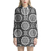 Black And White Boho Mandala Print Hoodie Dress