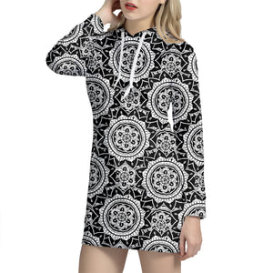 Black And White Boho Mandala Print Hoodie Dress