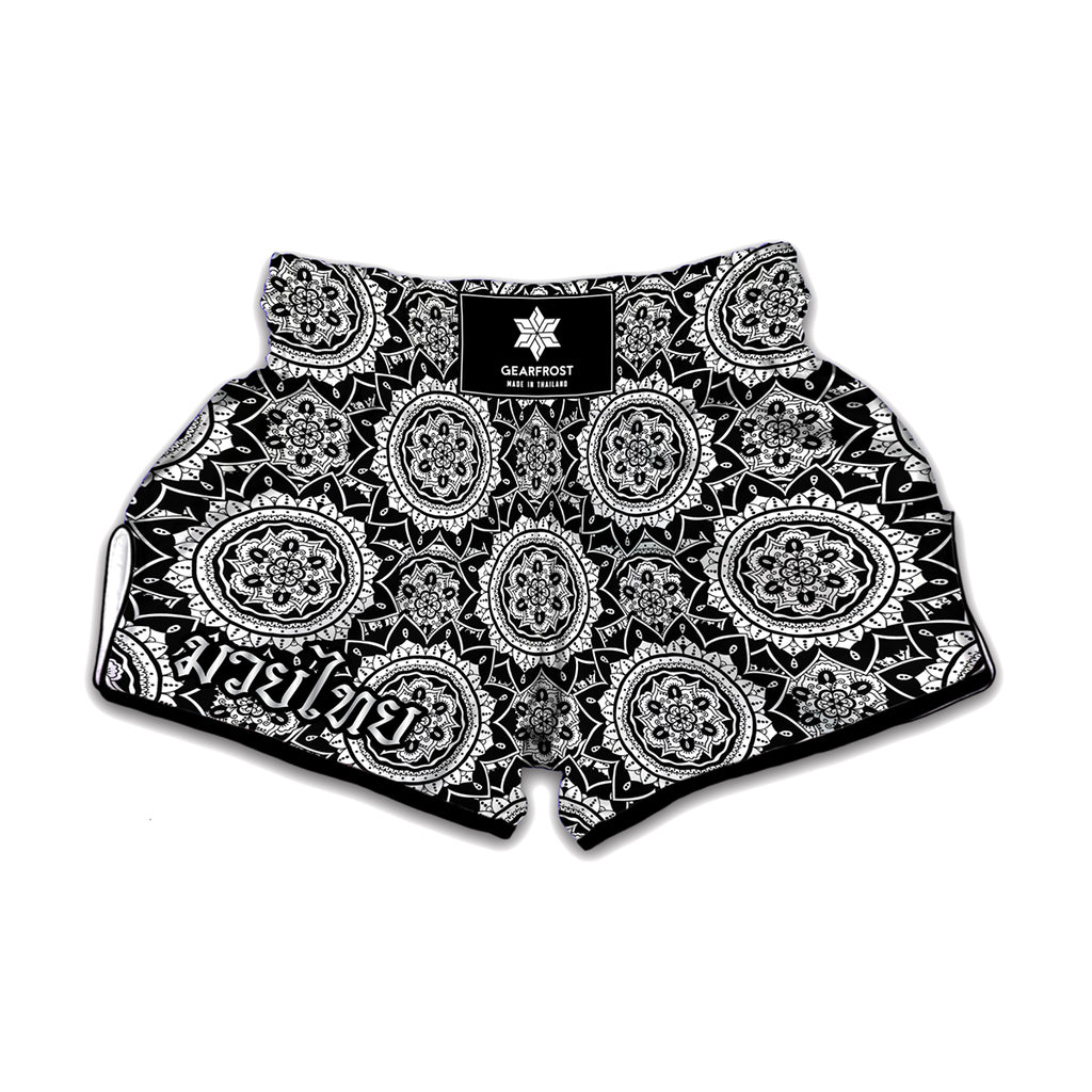 Black And White Boho Mandala Print Muay Thai Boxing Shorts