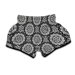 Black And White Boho Mandala Print Muay Thai Boxing Shorts