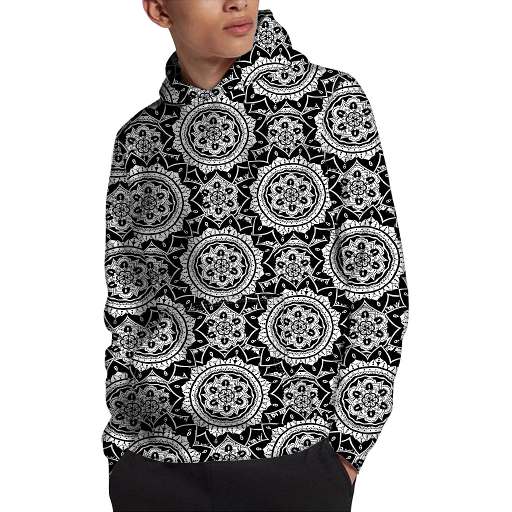 Black And White Boho Mandala Print Pullover Hoodie