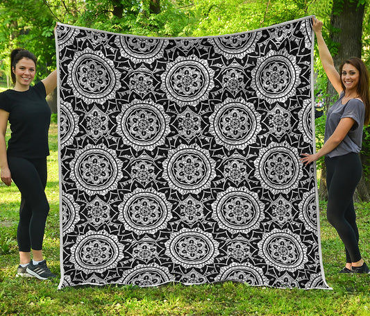 Black And White Boho Mandala Print Quilt