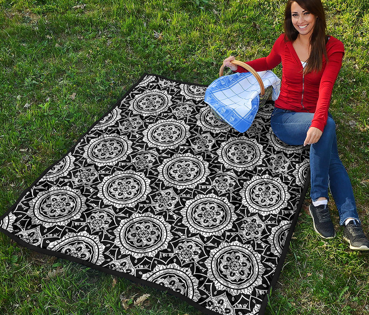 Black And White Boho Mandala Print Quilt