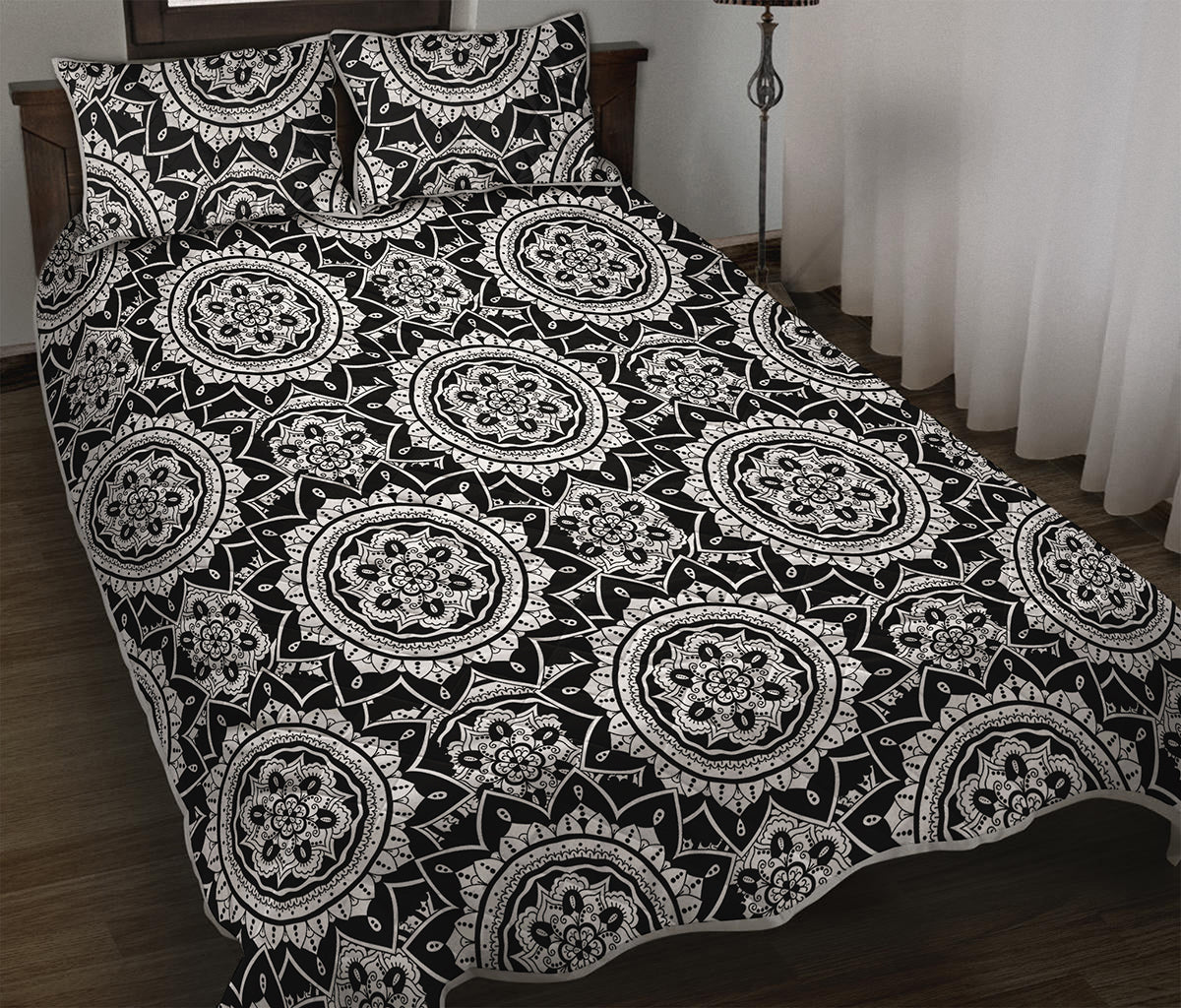 Black And White Boho Mandala Print Quilt Bed Set