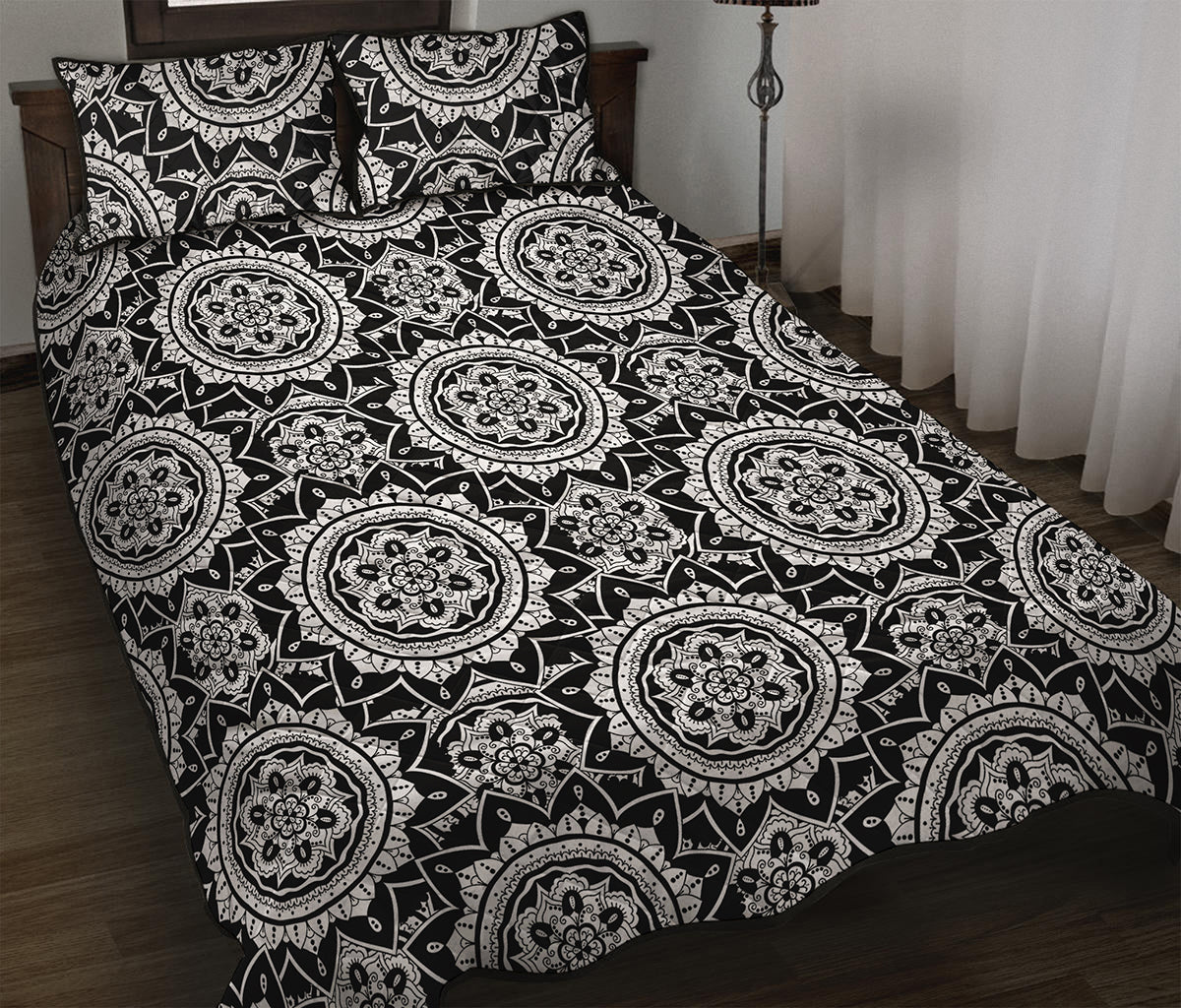 Black And White Boho Mandala Print Quilt Bed Set