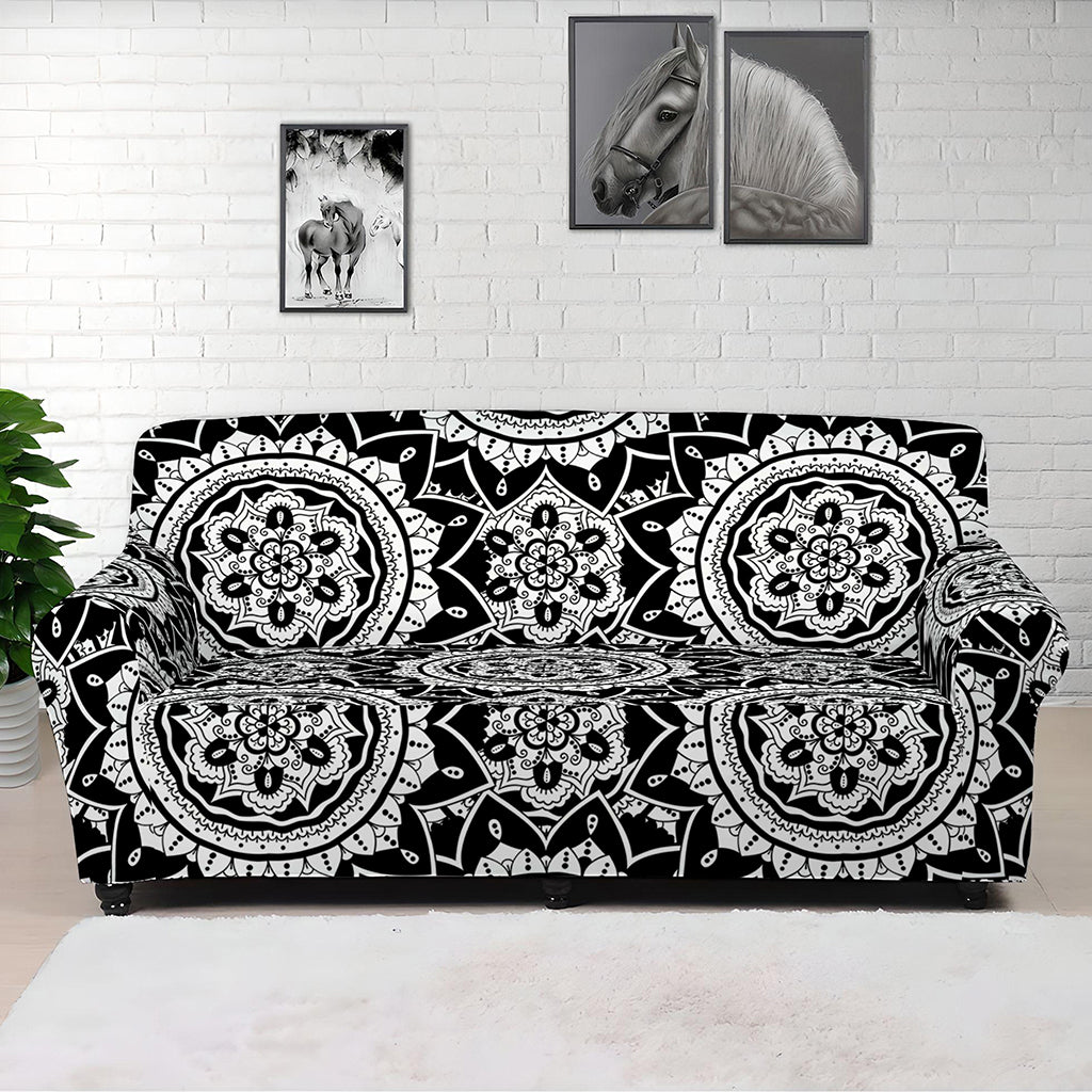 Black And White Boho Mandala Print Sofa Cover