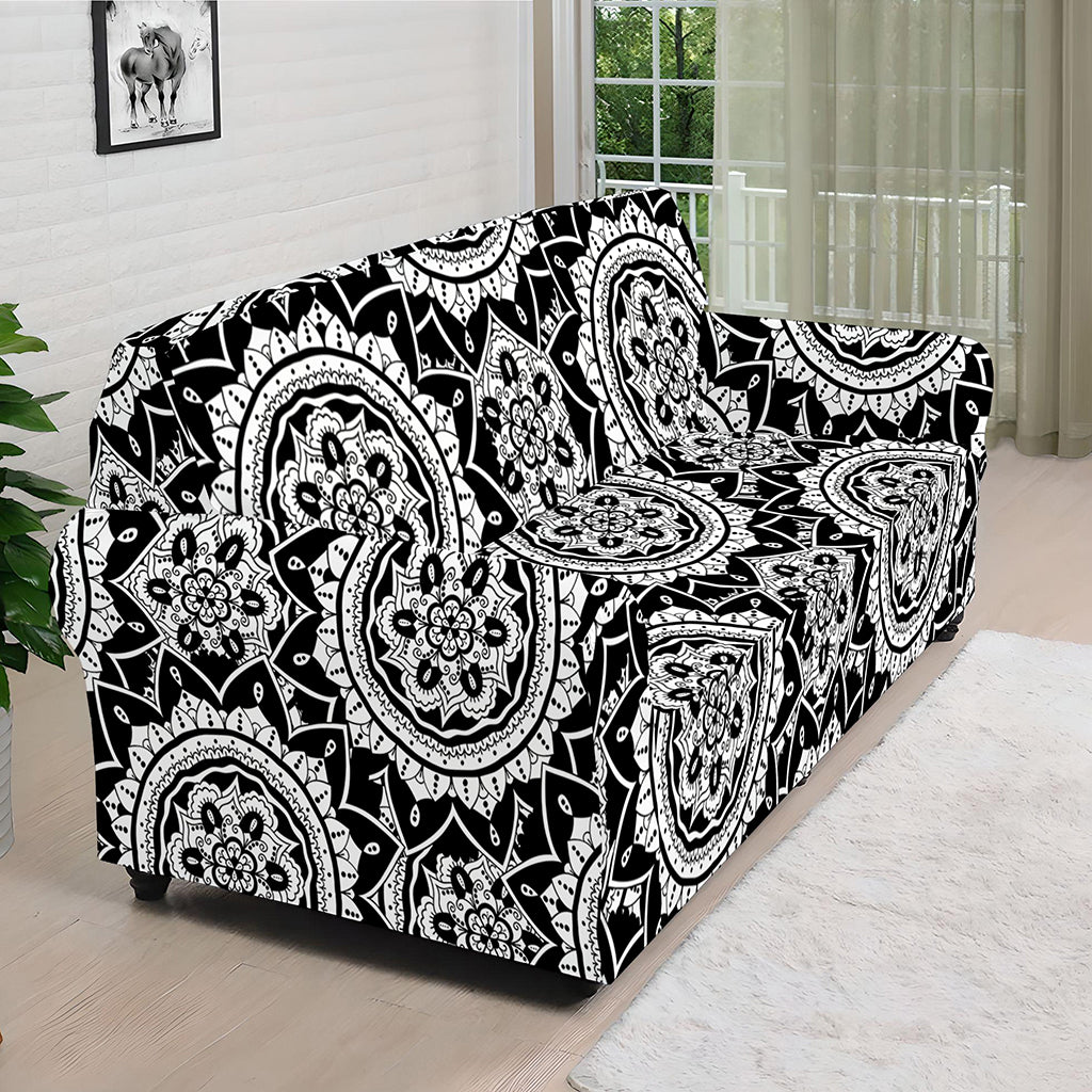Black And White Boho Mandala Print Sofa Cover