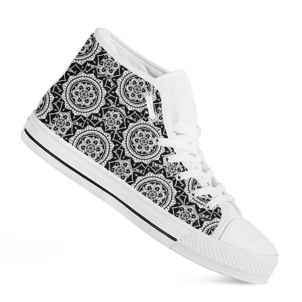 Black And White Boho Mandala Print White High Top Shoes