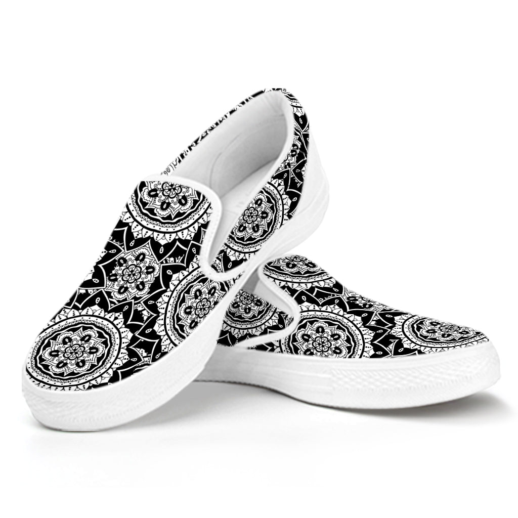 Black And White Boho Mandala Print White Slip On Shoes