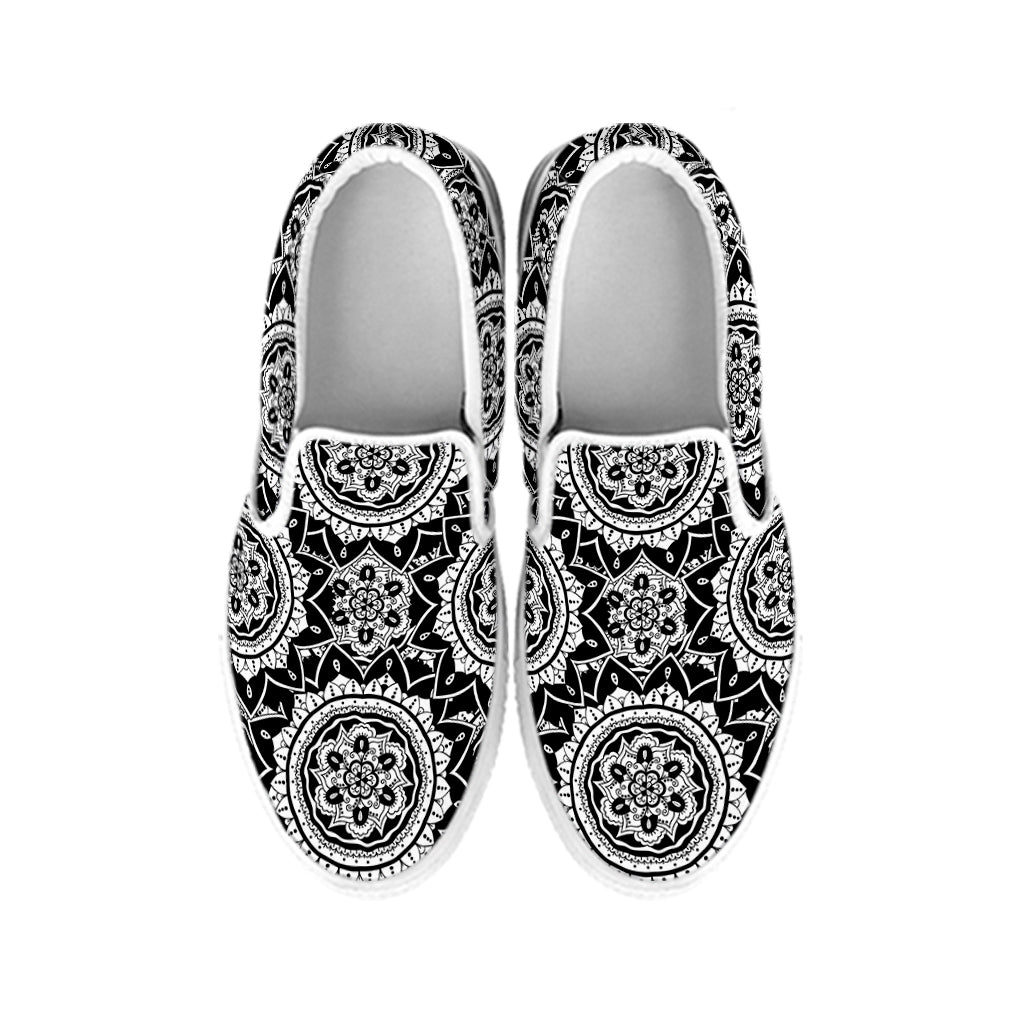 Black And White Boho Mandala Print White Slip On Shoes