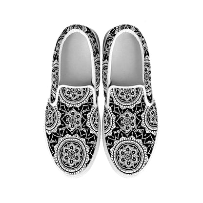 Black And White Boho Mandala Print White Slip On Shoes