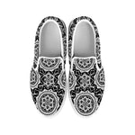 Black And White Boho Mandala Print White Slip On Shoes