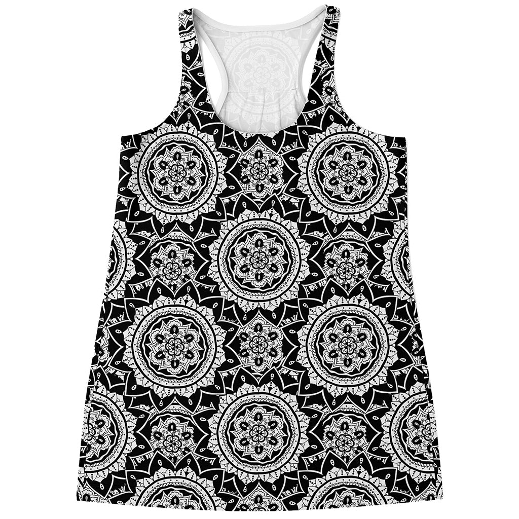 Black And White Boho Mandala Print Women's Racerback Tank Top