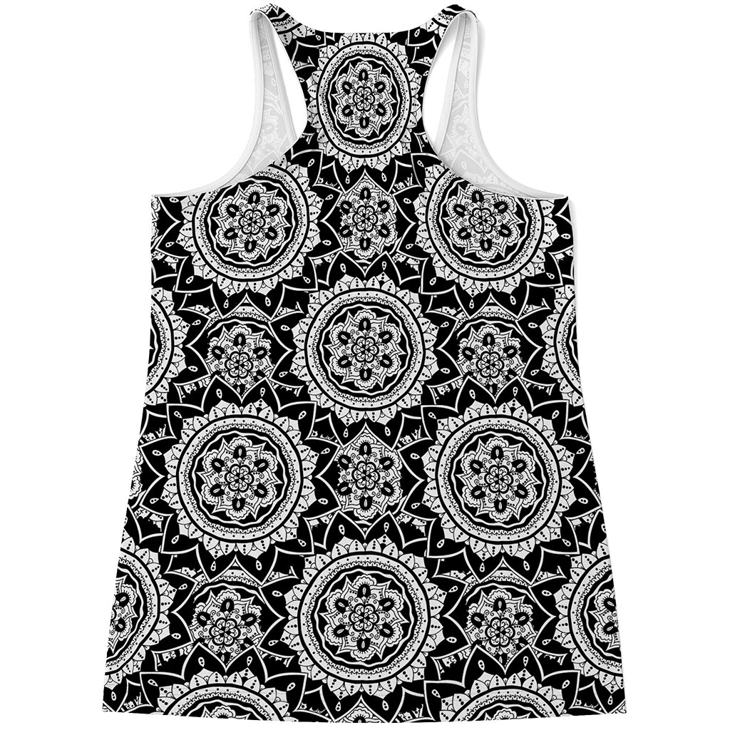 Black And White Boho Mandala Print Women's Racerback Tank Top
