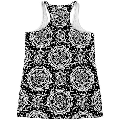 Black And White Boho Mandala Print Women's Racerback Tank Top