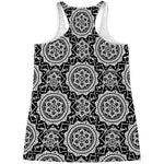 Black And White Boho Mandala Print Women's Racerback Tank Top