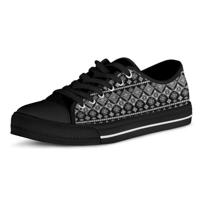 Black And White Boho Tribal Print Black Low Top Shoes