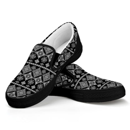 Black And White Boho Tribal Print Black Slip On Shoes