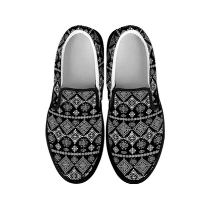 Black And White Boho Tribal Print Black Slip On Shoes
